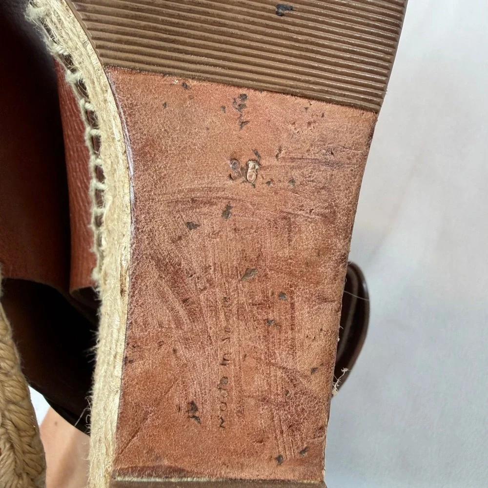 Celine Slingback Brown Leather Espadrille Wedge Sandals Open Toe Ankle Strap 38g